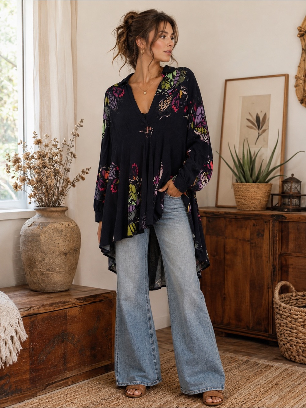 Free People Butterfly Print Hi-Low Tunic Top Boho Festival Fairycore Size Xs